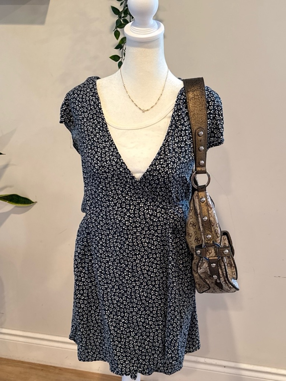 Brandy Melville Navy Mini Dress with White Floral Print